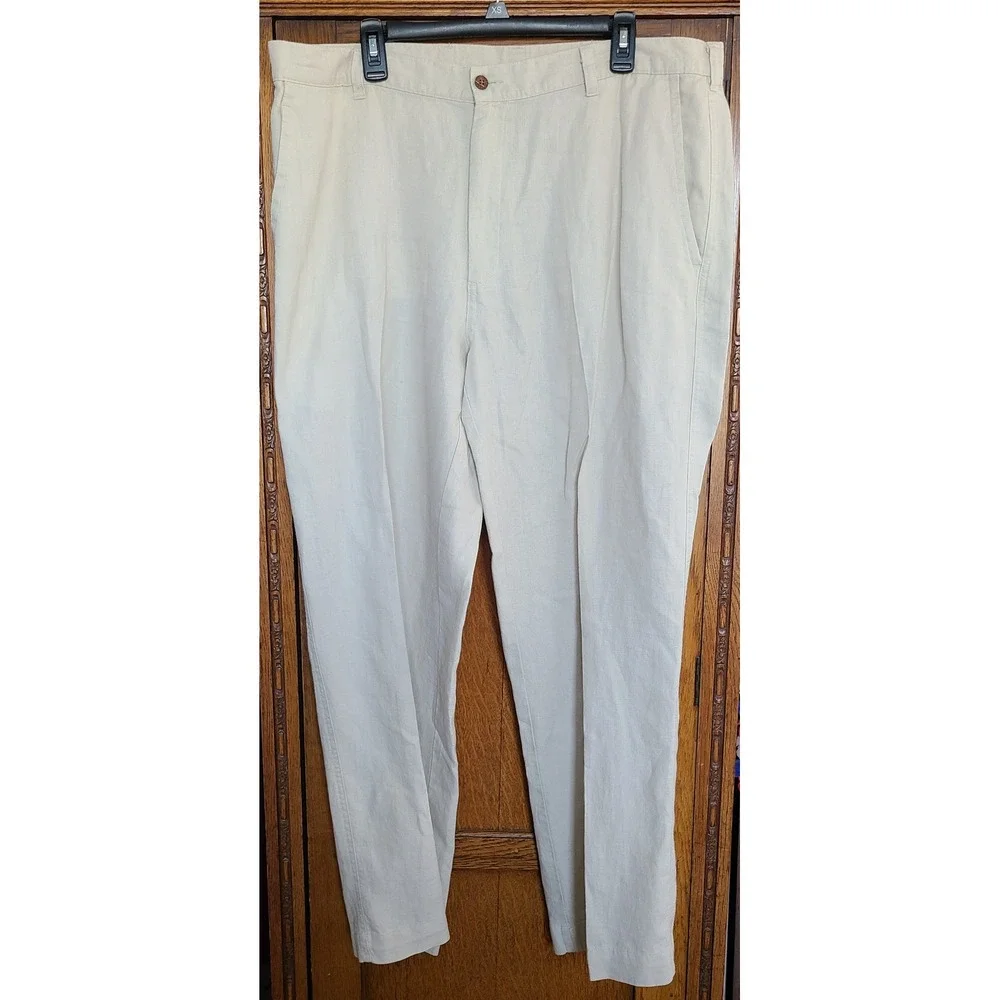 Jos. A. Bank Mens 40x32 Beige 100% Linen Flat Front Straight Leg Dress Pants